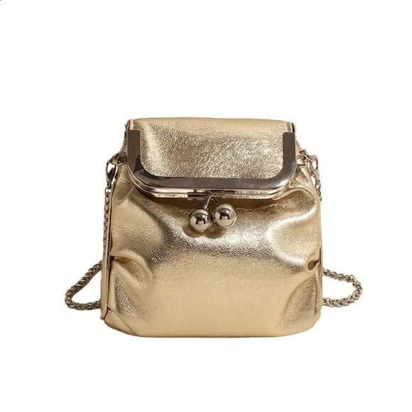 Kisslock Flap Chain Crossbody Vegan Leather Minimalist Clutch Bag - Picture 1 of 5